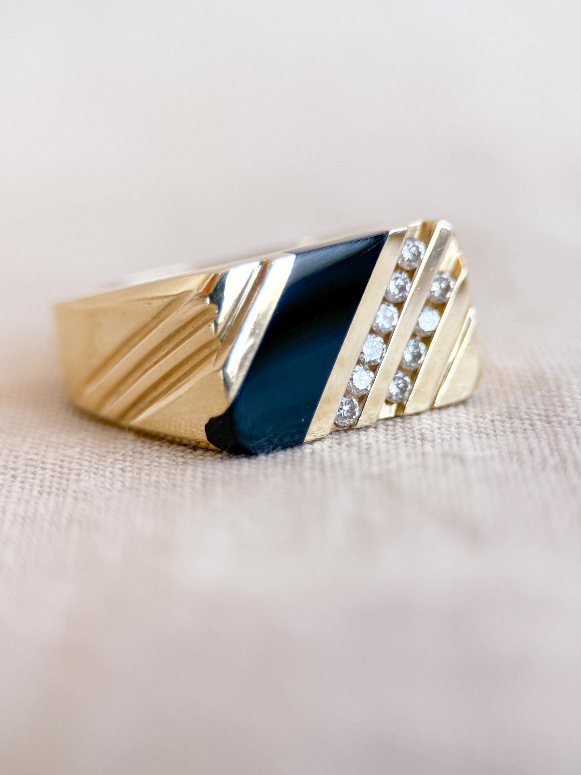 Vintage Diamond and Onyx Wedding Band, 14k Gold, Mens Signet Statement Ring, Anniversary Band