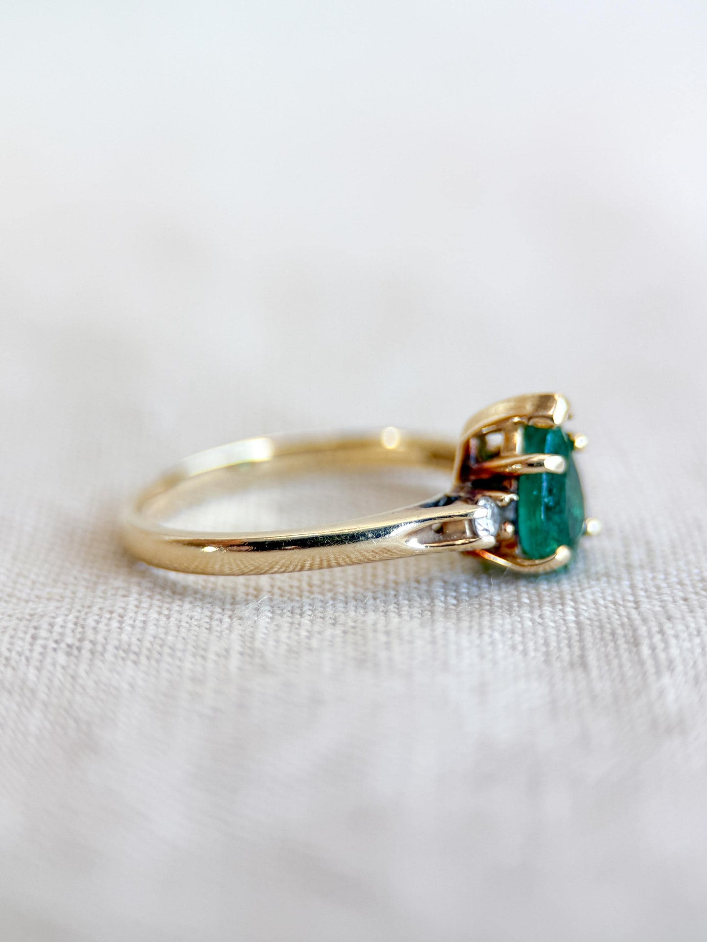 Vintage Emerald and Diamond Engagement Ring, Pear Cut, 14k Gold, Three Stone Bridal Ring