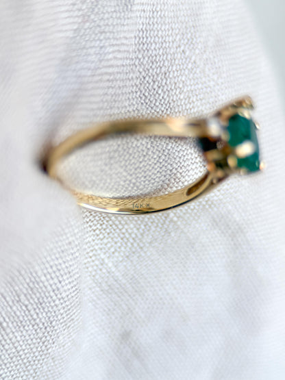 Vintage Emerald and Diamond Engagement Ring, Pear Cut, 14k Gold, Three Stone Bridal Ring