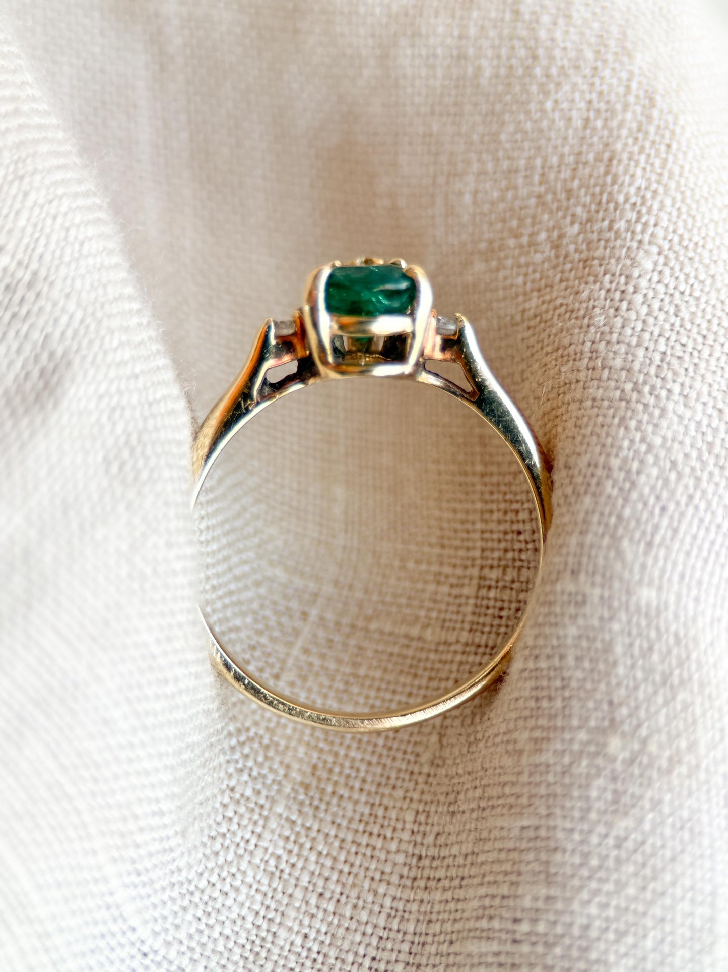 Vintage Emerald and Diamond Engagement Ring, Pear Cut, 14k Gold, Three Stone Bridal Ring