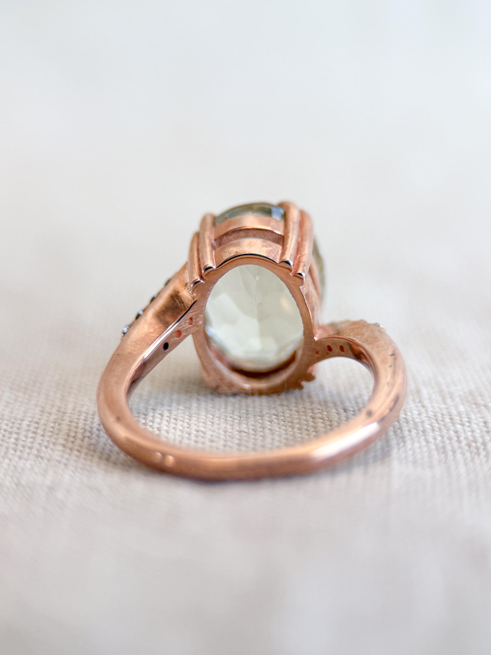 Vintage Prasiolite and Diamond Engagement Ring, Oval Cut, 10k Rose Gold, Alternative Bridal Ring
