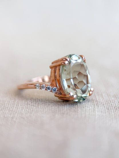 Vintage Prasiolite and Diamond Engagement Ring, Oval Cut, 10k Rose Gold, Alternative Bridal Ring