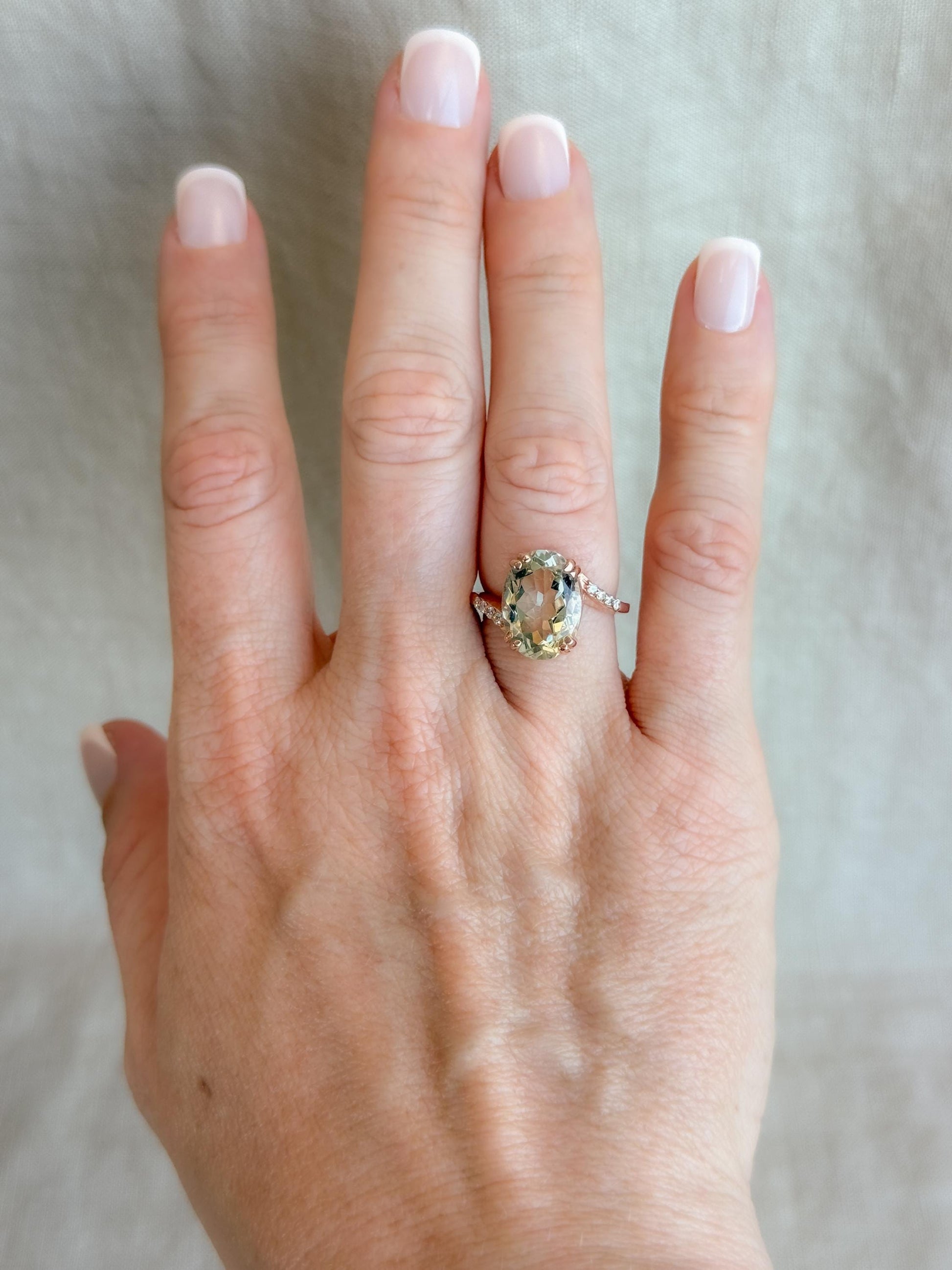 Vintage Prasiolite and Diamond Engagement Ring, Oval Cut, 10k Rose Gold, Alternative Bridal Ring
