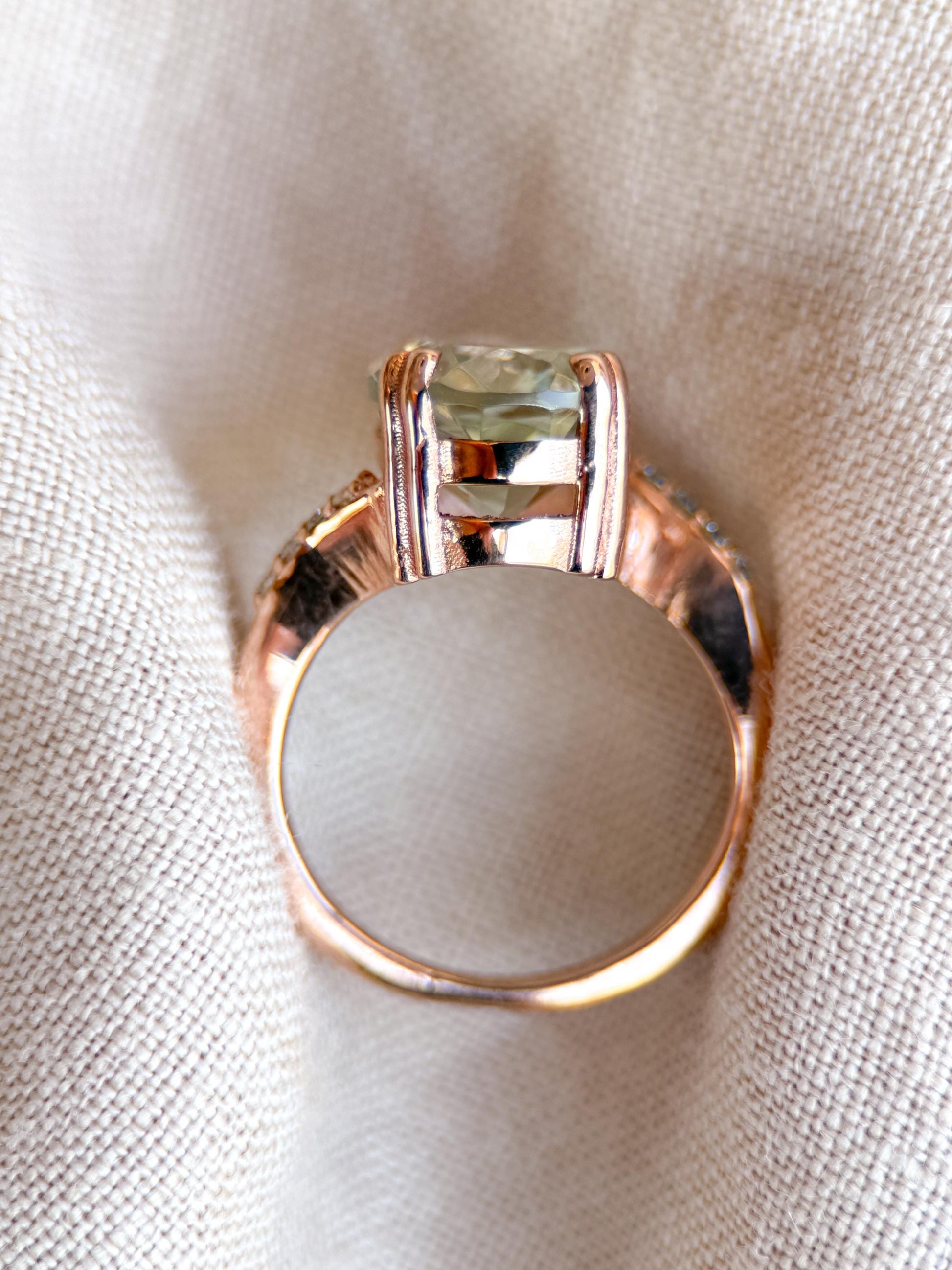 Vintage Prasiolite and Diamond Engagement Ring, Oval Cut, 10k Rose Gold, Alternative Bridal Ring