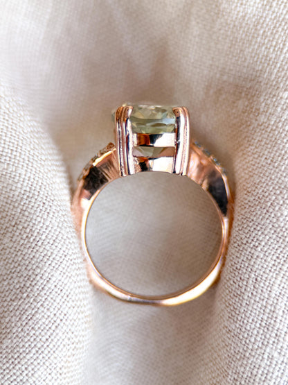 Vintage Prasiolite and Diamond Engagement Ring, Oval Cut, 10k Rose Gold, Alternative Bridal Ring