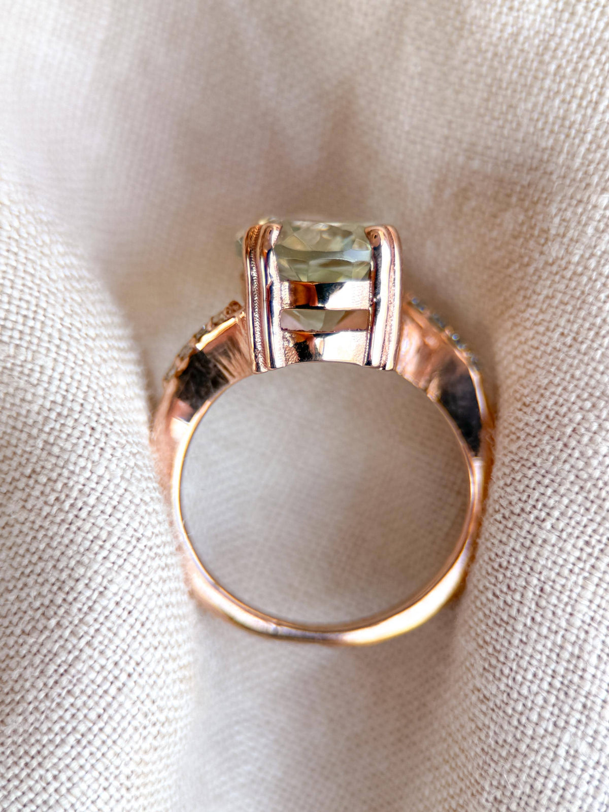Vintage Prasiolite and Diamond Engagement Ring, Oval Cut, 10k Rose Gold, Alternative Bridal Ring