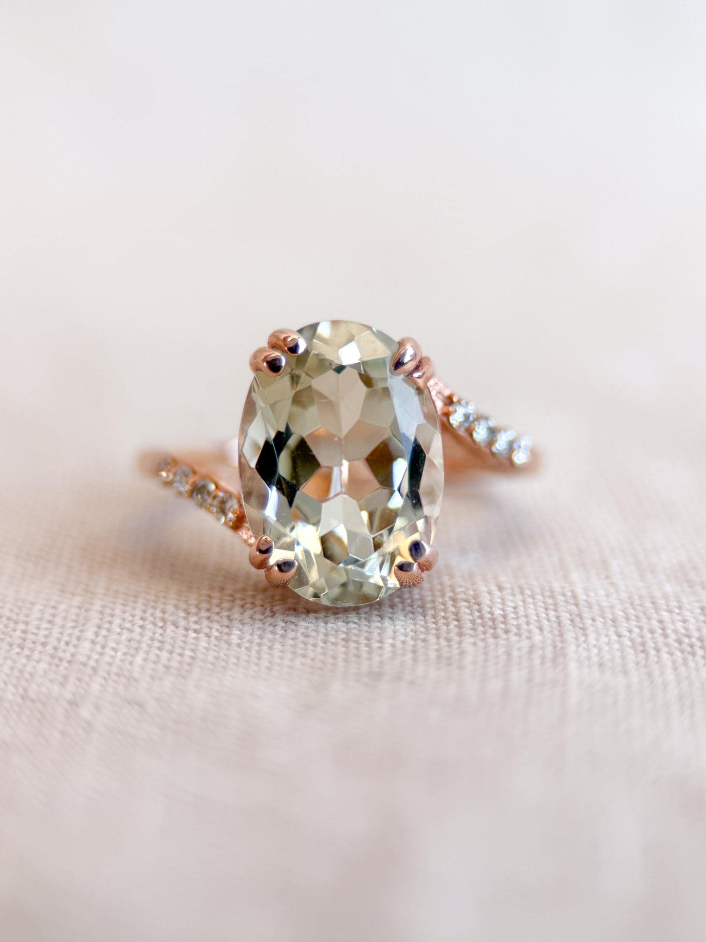 Vintage Prasiolite and Diamond Engagement Ring, Oval Cut, 10k Rose Gold, Alternative Bridal Ring