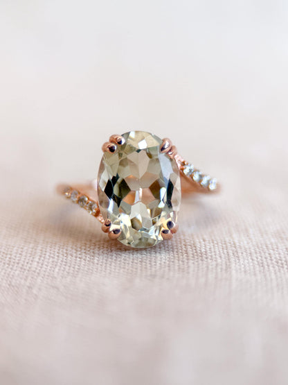 Vintage Prasiolite and Diamond Engagement Ring, Oval Cut, 10k Rose Gold, Alternative Bridal Ring