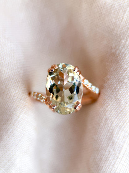 Vintage Prasiolite and Diamond Engagement Ring, Oval Cut, 10k Rose Gold, Alternative Bridal Ring