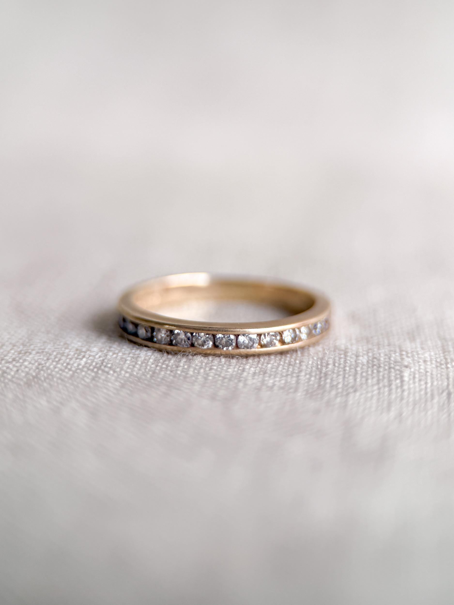 Vintage Diamond Wedding Band, 14k Gold, Round Cut Channel Set Minimalist Ring, Stacking Band