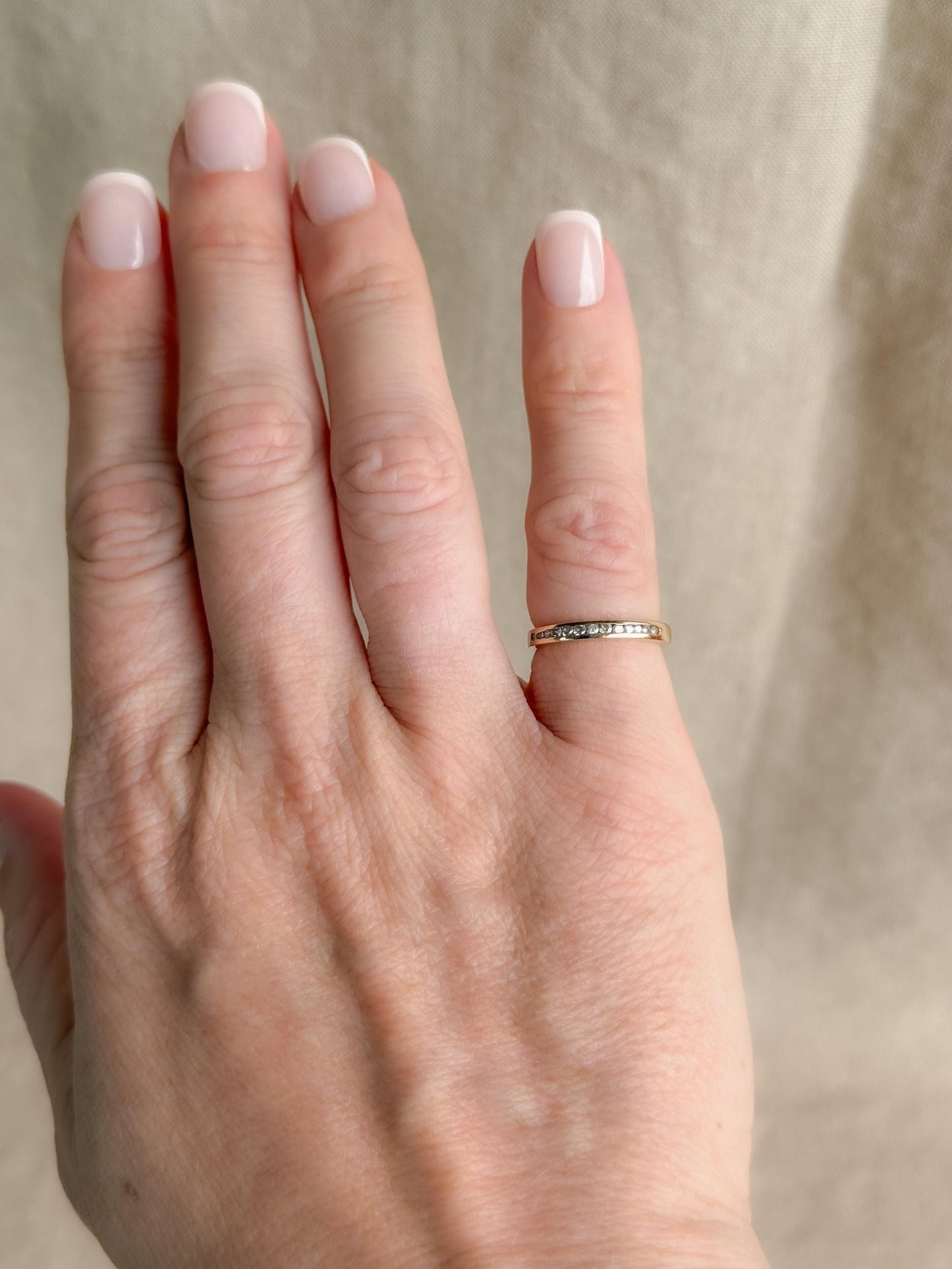 Vintage Diamond Wedding Band, 14k Gold, Round Cut Channel Set Minimalist Ring, Stacking Band