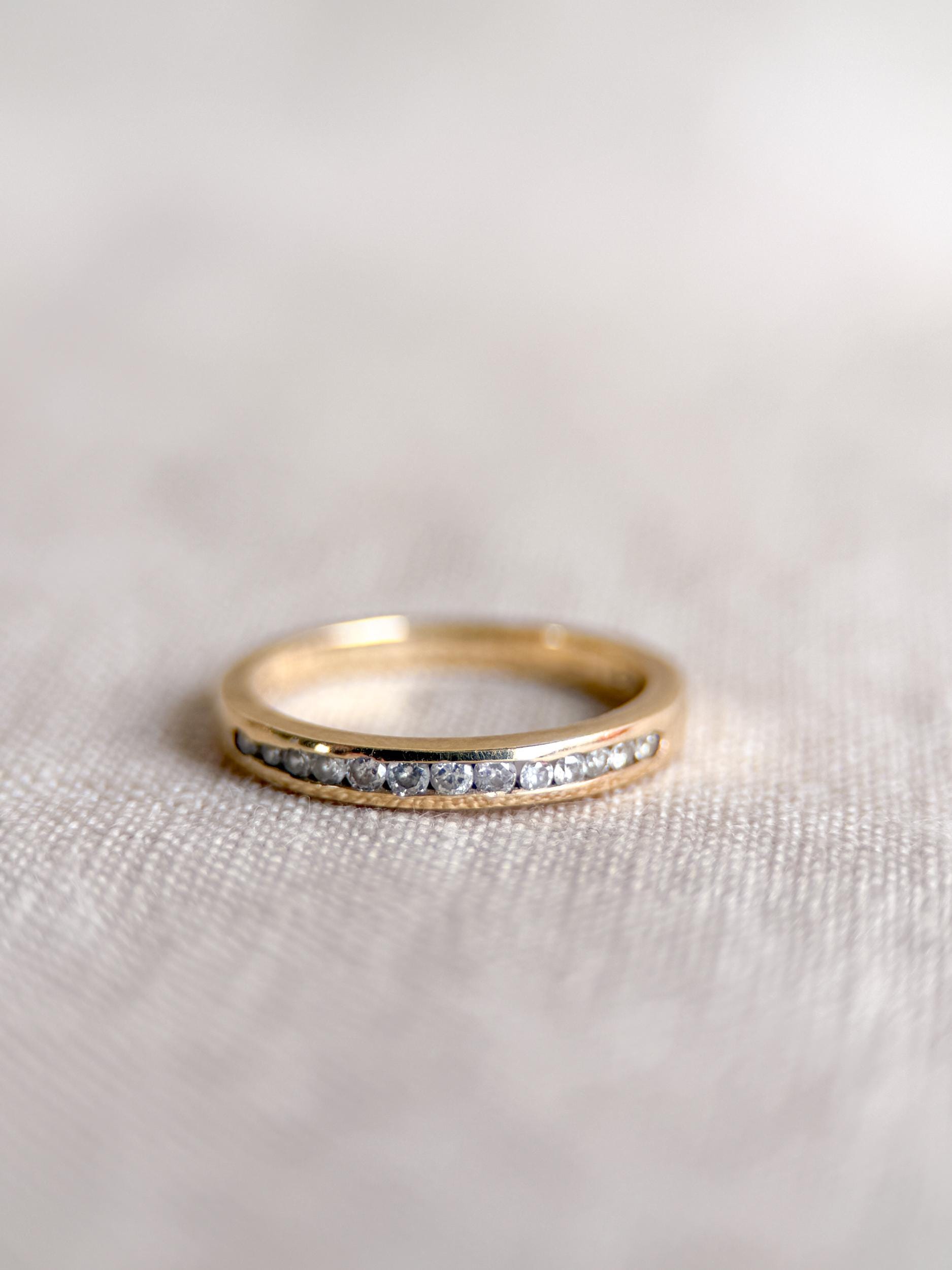Vintage Diamond Wedding Band, 14k Gold, Round Cut Channel Set Minimalist Ring, Stacking Band