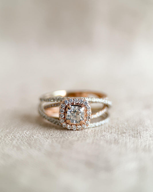 Vintage Diamond Engagement Ring, Cushion Cut, 14k White & Rose Gold, 2000s Criss-Cross Infinity Setting