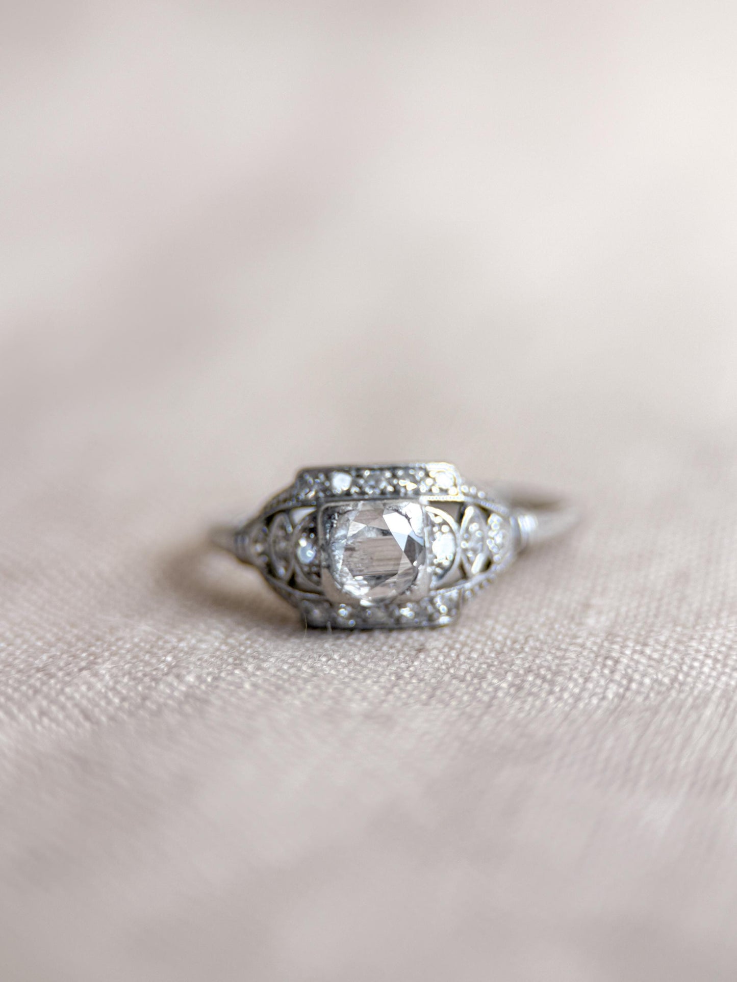 Antique Rose Cut Diamond Engagement Ring, Platinum, Vintage Victorian Bridal Ring