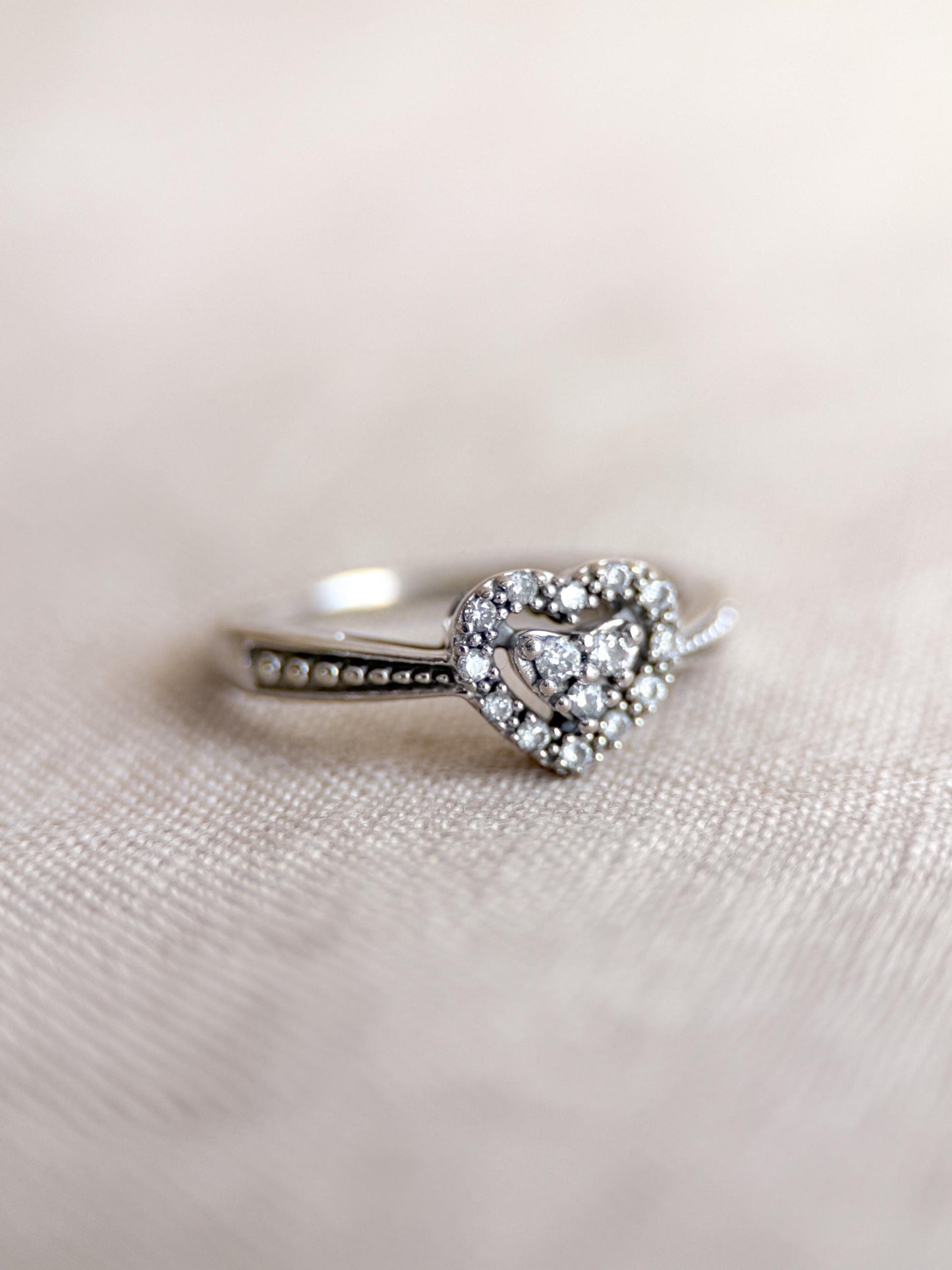 Vintage Diamond Engagement Ring, Heart Shaped 10k White Gold Halo Bridal Ring