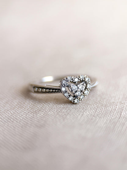 Vintage Diamond Engagement Ring, Heart Shaped 10k White Gold Halo Bridal Ring