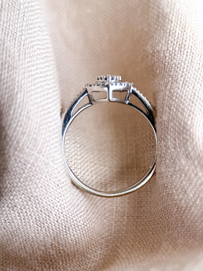 Vintage Diamond Engagement Ring, Heart Shaped 10k White Gold Halo Bridal Ring