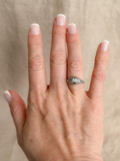 Antique Old Mine Cut Diamond Engagement Ring, 18k White Gold, Vintage Victorian Filigree Bridal Ring
