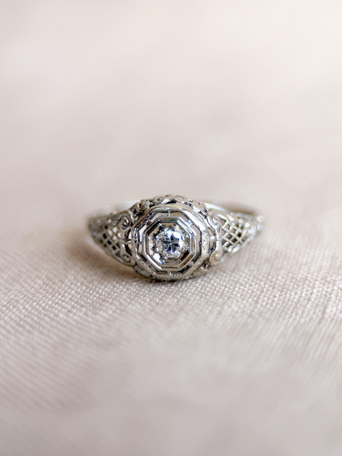 Antique Old Mine Cut Diamond Engagement Ring, 18k White Gold, Vintage Victorian Filigree Bridal Ring