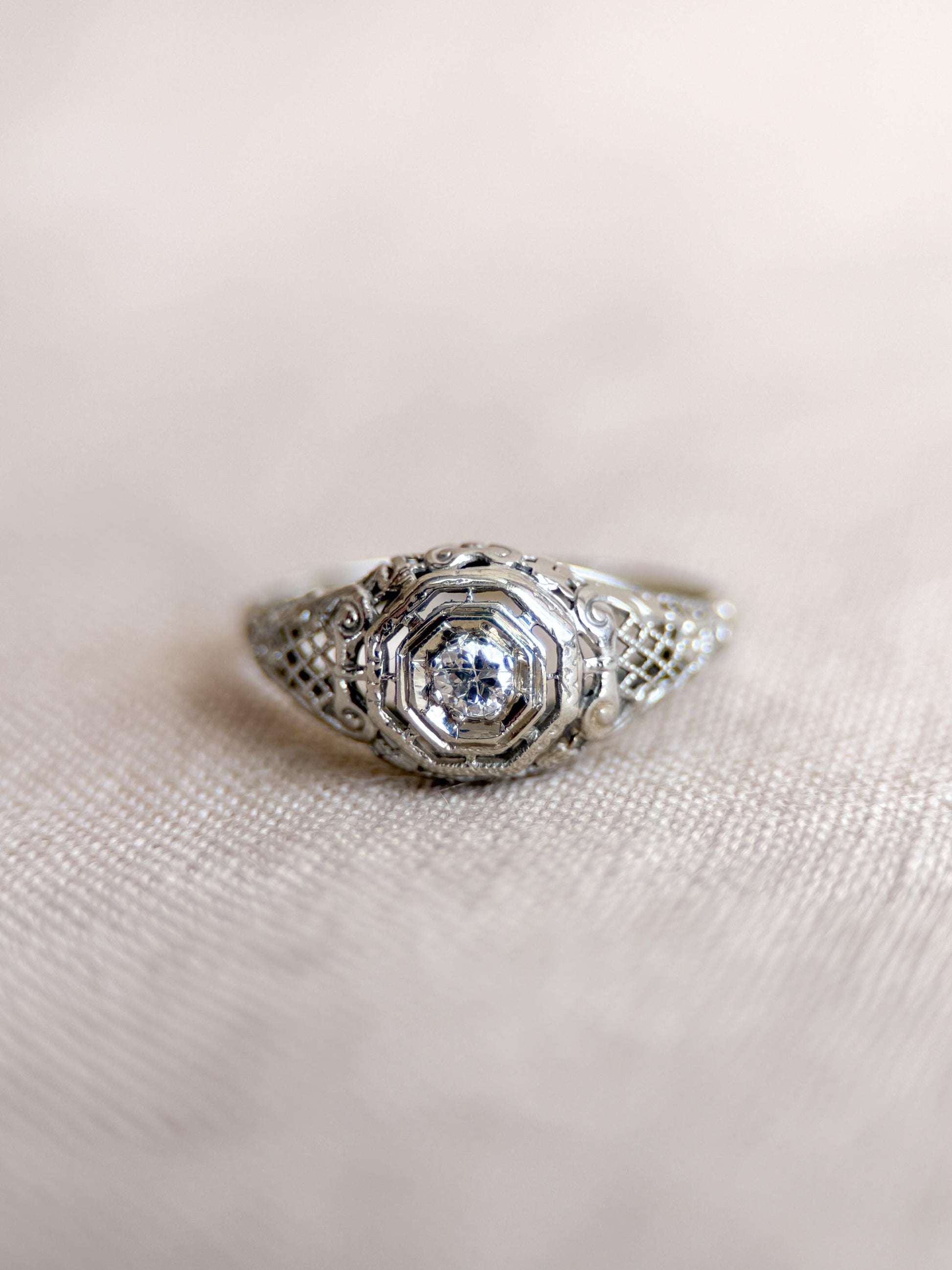 Antique Old Mine Cut Diamond Engagement Ring, 18k White Gold, Vintage Victorian Filigree Bridal Ring