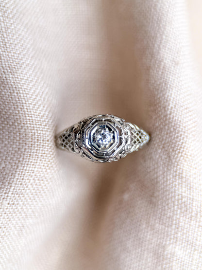 Antique Old Mine Cut Diamond Engagement Ring, 18k White Gold, Vintage Victorian Filigree Bridal Ring