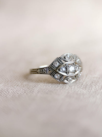 Antique Old Mine Cut Diamond Engagement Ring, 18k White Gold, Vintage Victorian Bridal Ring