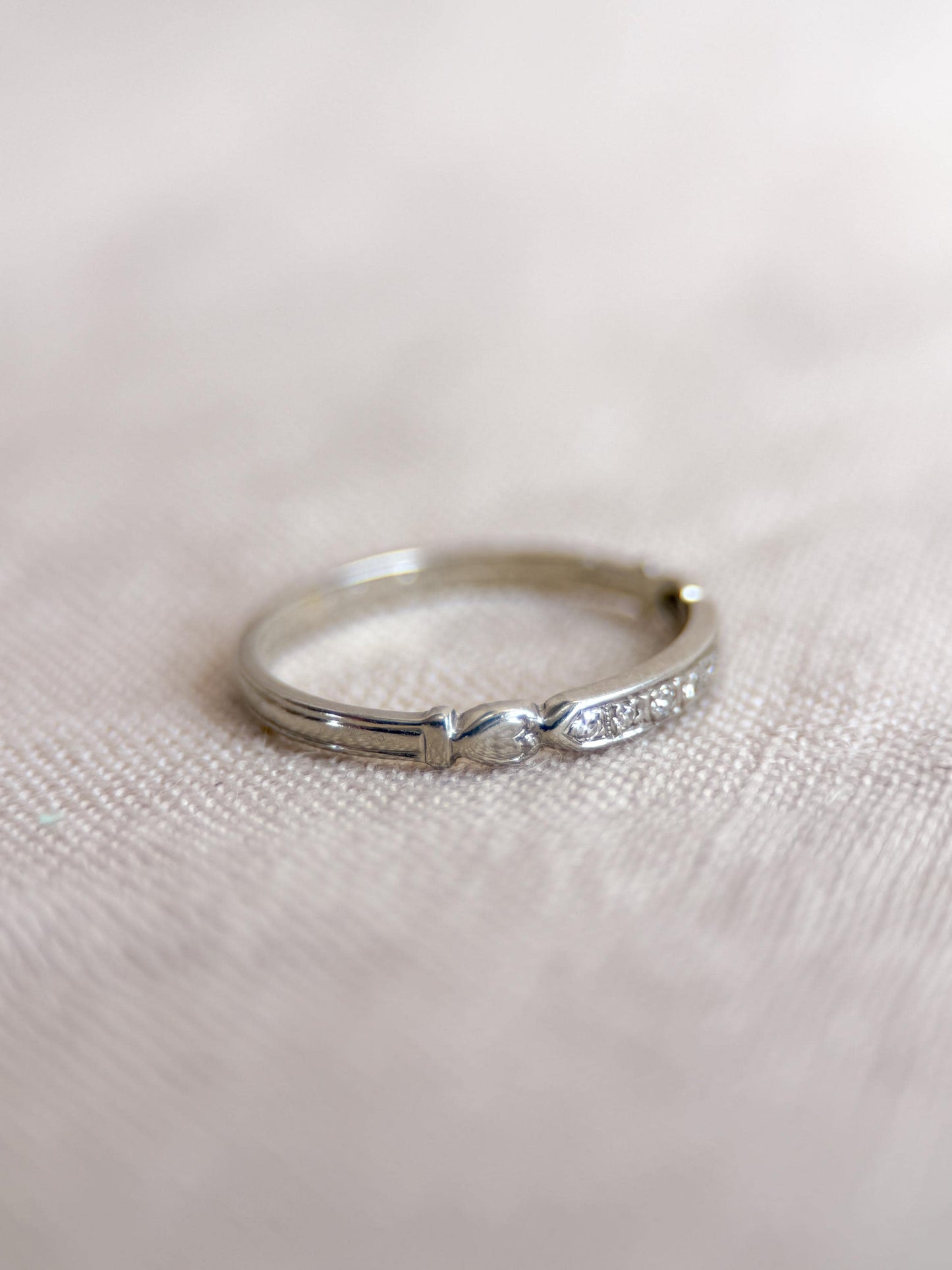 Vintage Old European Cut Diamond Wedding Band, 18k White Gold, Art Deco Minimalist Ring