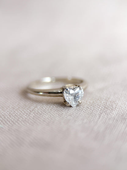 Vintage Diamond Engagement Ring, Heart Cut, 14k White Gold, 1990s Solitaire Bridal Ring