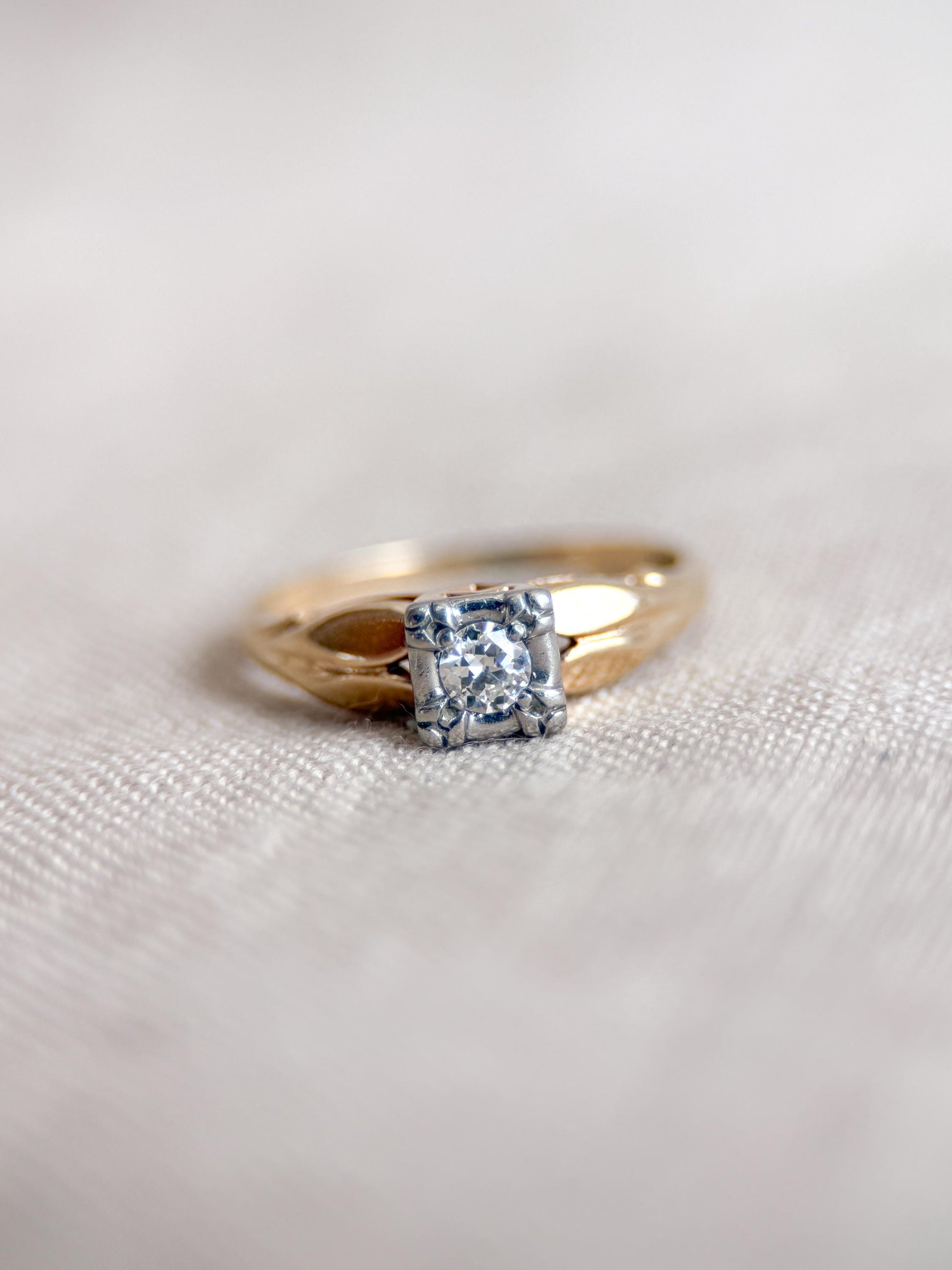 Antique Old European Cut Diamond Engagement Ring, 14k Gold, 1920s Art Deco Bridal Ring