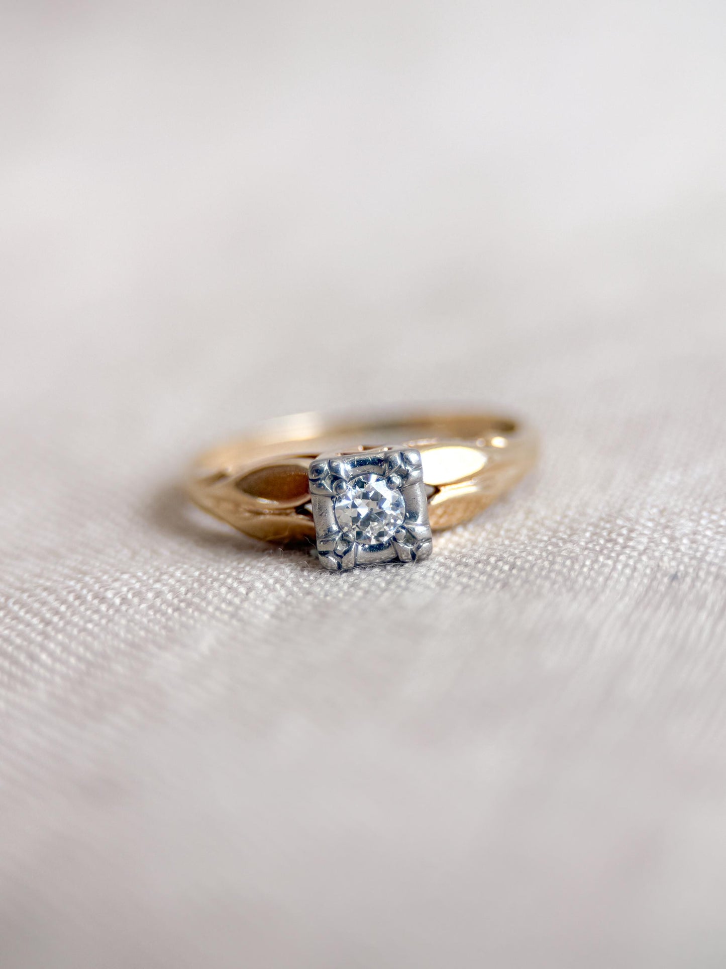 Antique Old European Cut Diamond Engagement Ring, 14k Gold, 1920s Art Deco Bridal Ring