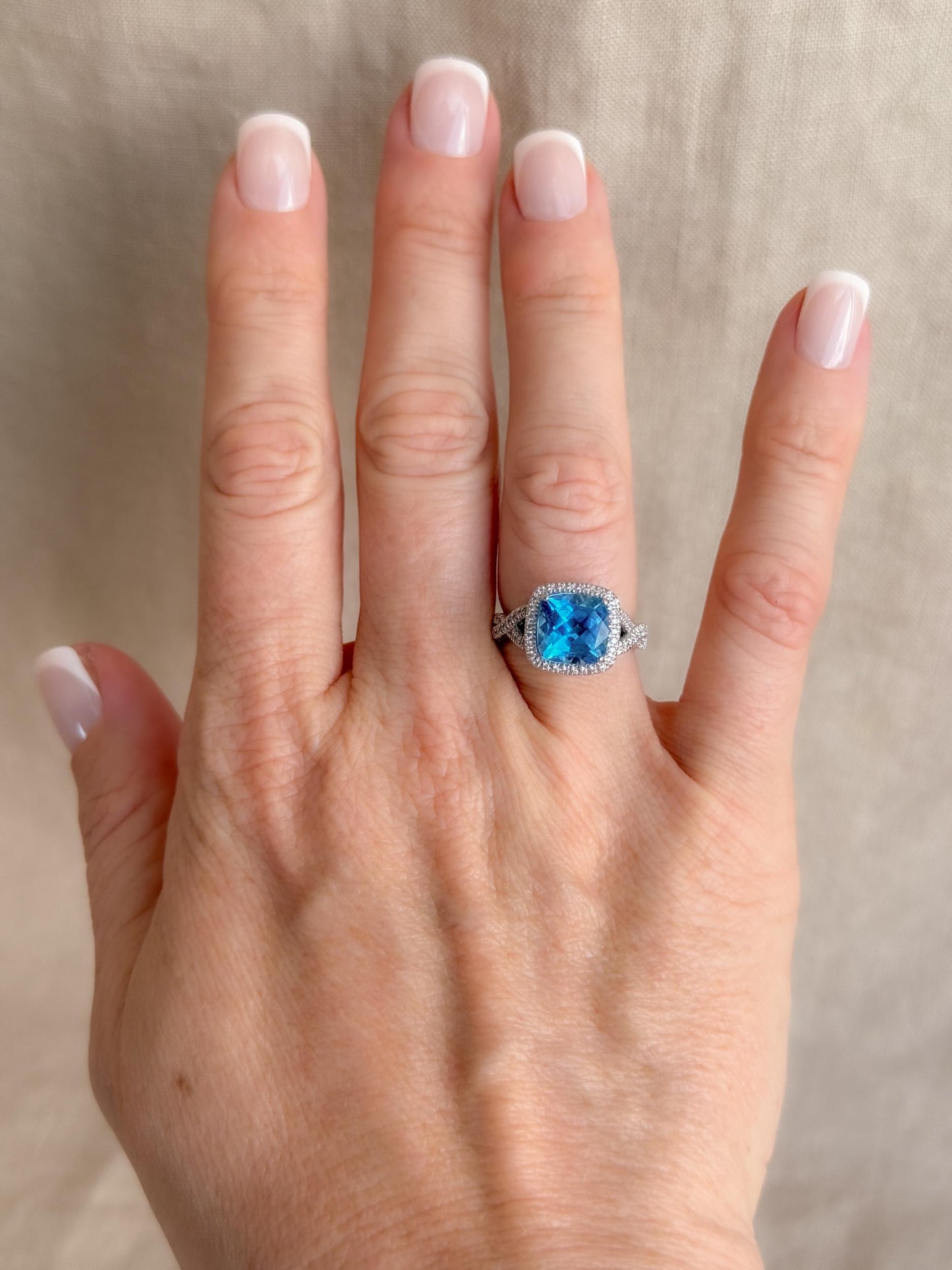 Vintage Blue Topaz and Diamond Halo Engagement Ring, 14k White Gold, Cushion Alternative Bridal