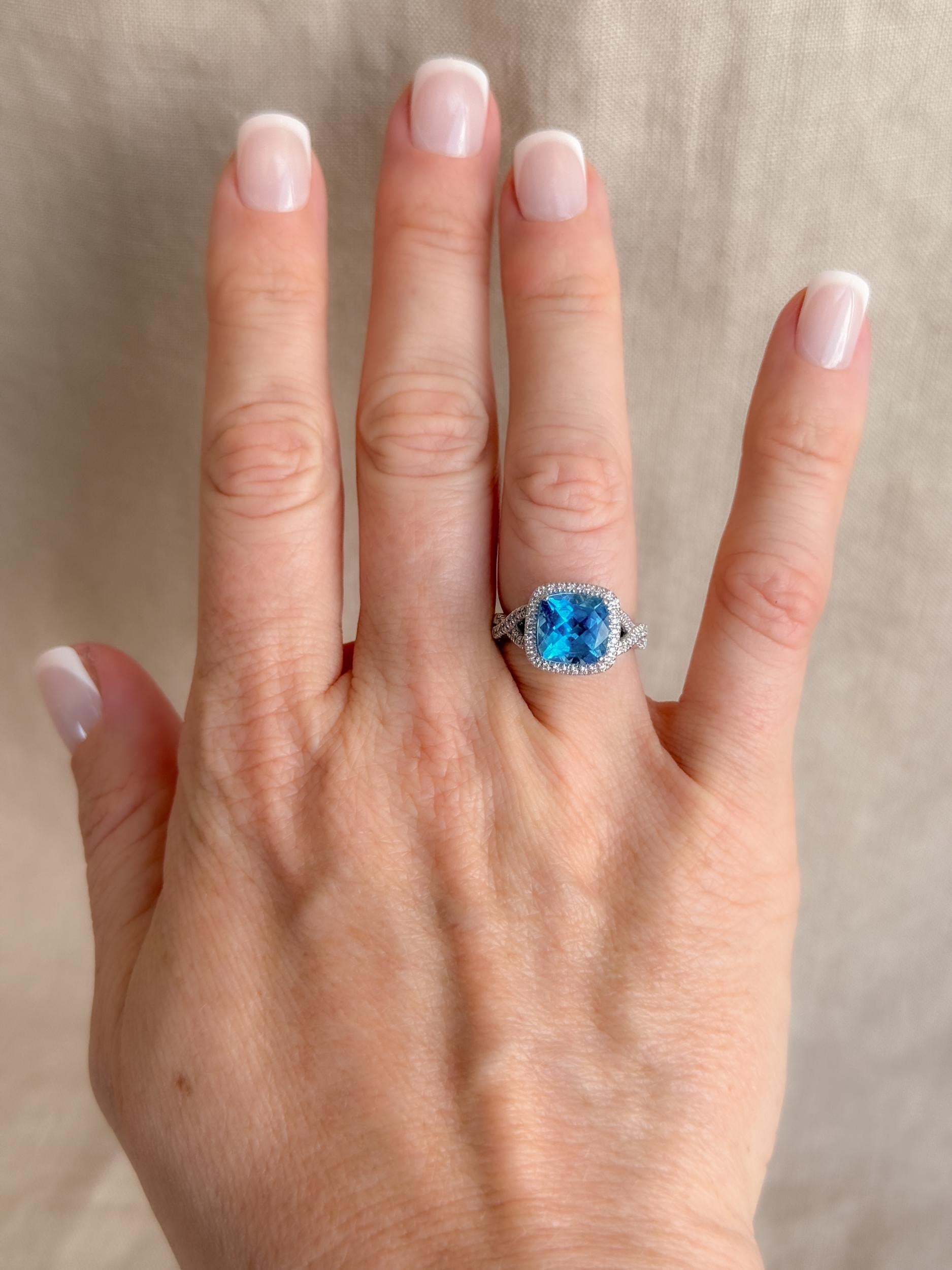 Vintage Blue Topaz and Diamond Halo Engagement Ring, 14k White Gold, Cushion Alternative Bridal