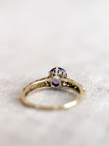 Vintage Amethyst Engagement Ring, Round Cut Solitaire, 14k Gold, Filigree Alternative Bridal Ring