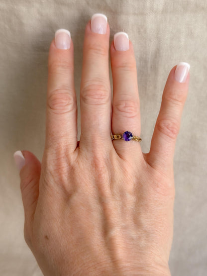 Vintage Amethyst Engagement Ring, Round Cut Solitaire, 14k Gold, Filigree Alternative Bridal Ring