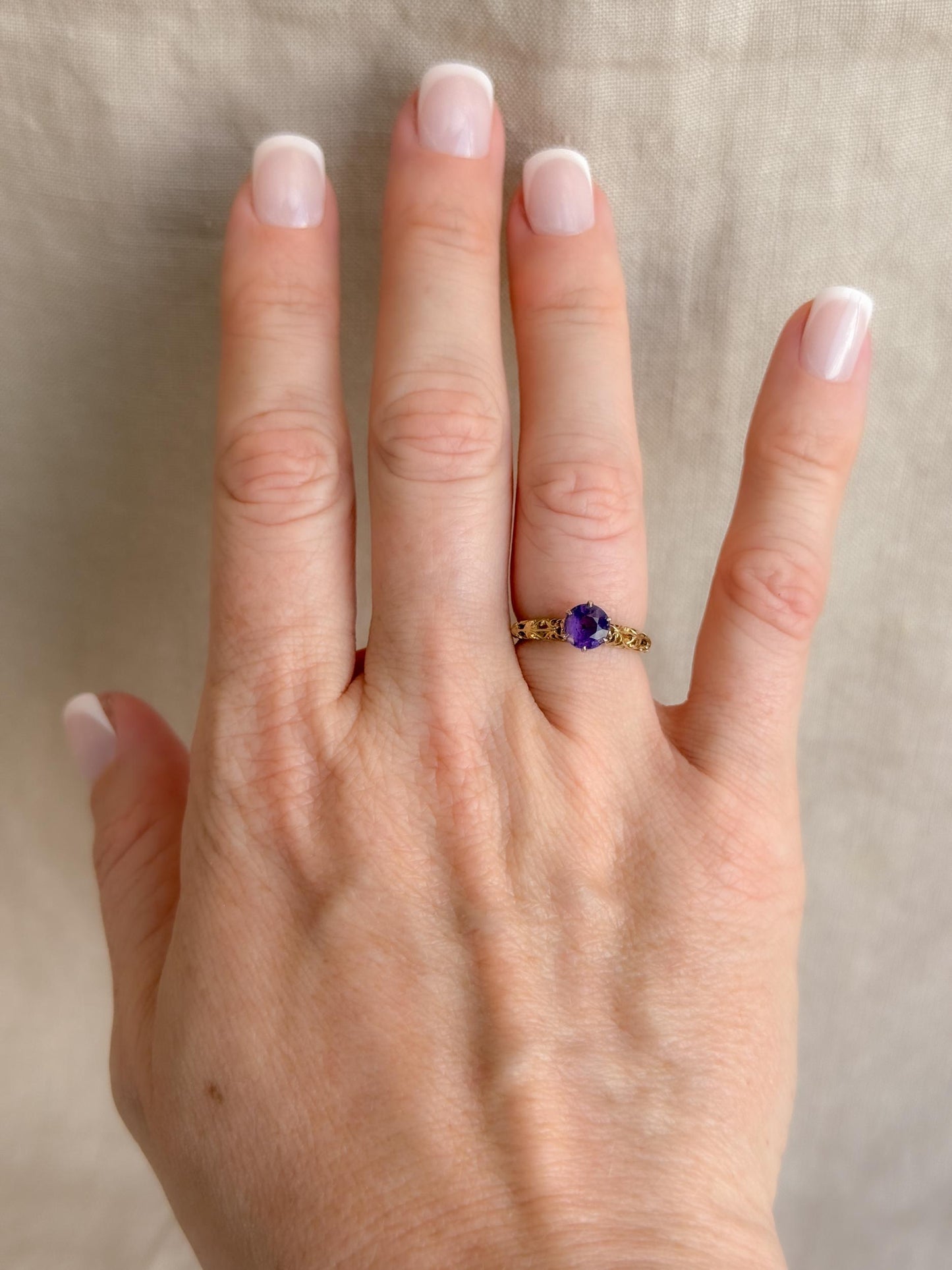 Vintage Amethyst Engagement Ring, Round Cut Solitaire, 14k Gold, Filigree Alternative Bridal Ring