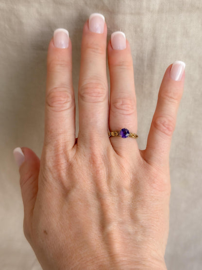 Vintage Amethyst Engagement Ring, Round Cut Solitaire, 14k Gold, Filigree Alternative Bridal Ring