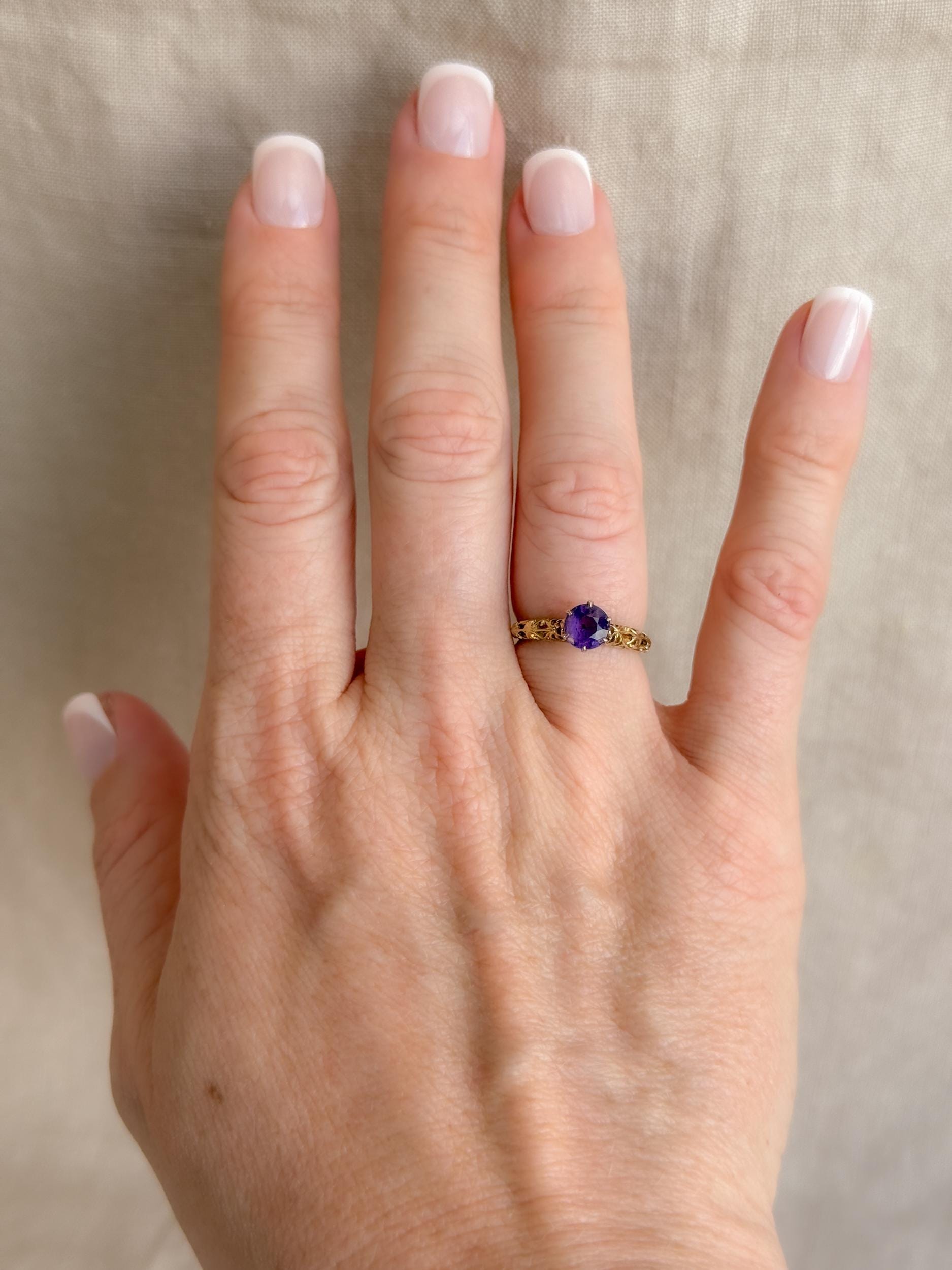 Vintage Amethyst Engagement Ring, Round Cut Solitaire, 14k Gold, Filigree Alternative Bridal Ring