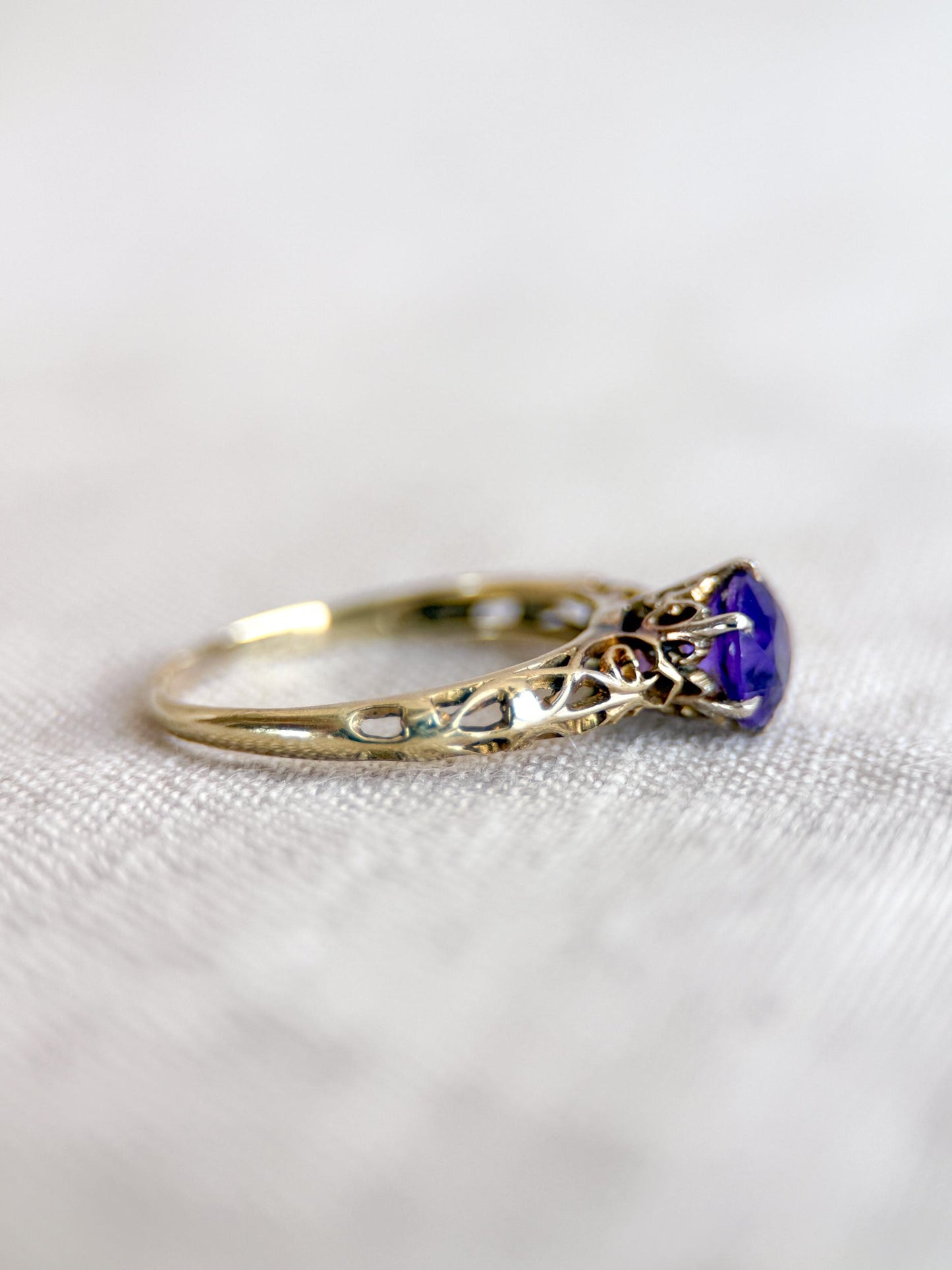 Vintage Amethyst Engagement Ring, Round Cut Solitaire, 14k Gold, Filigree Alternative Bridal Ring