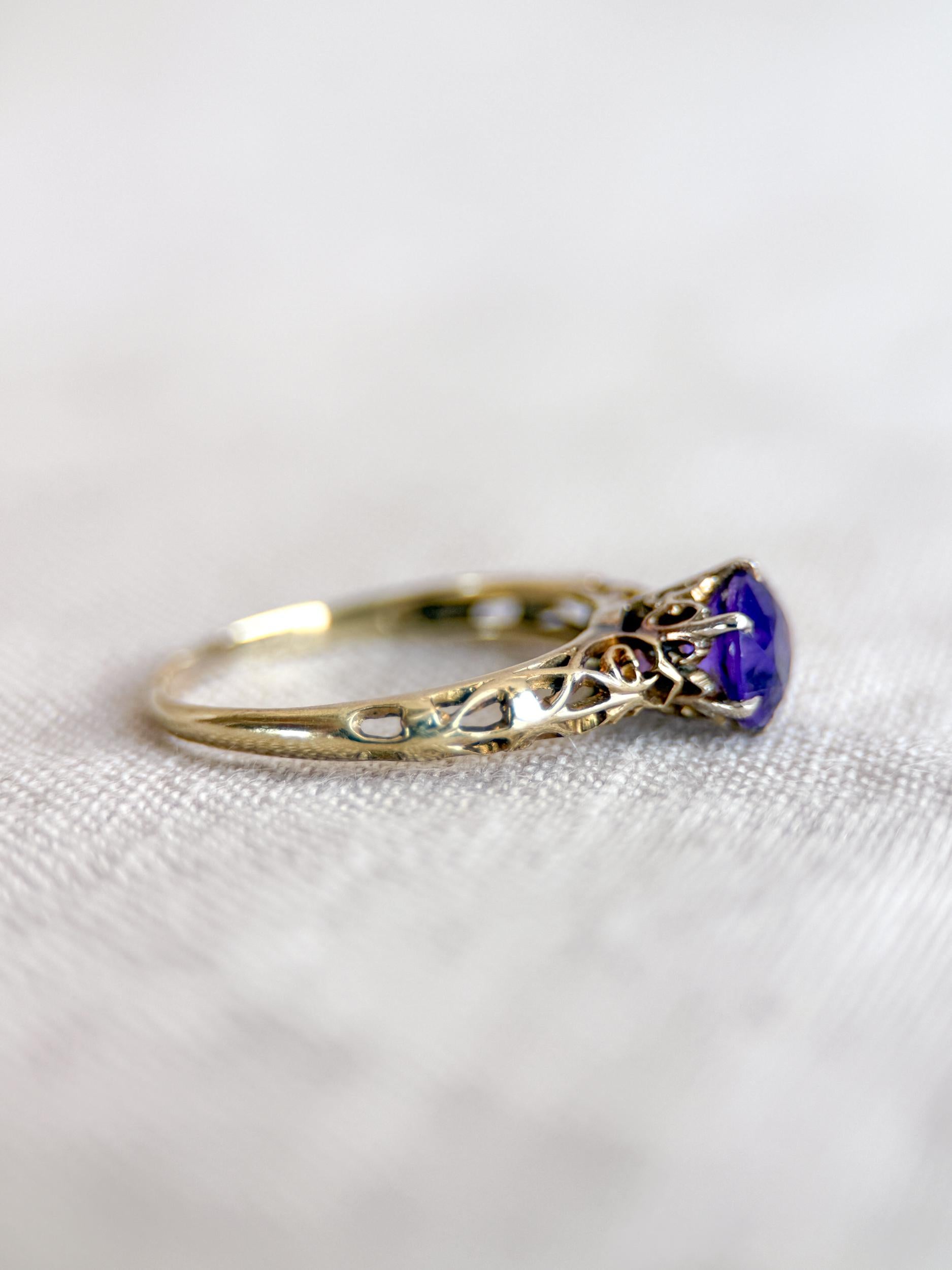 Vintage Amethyst Engagement Ring, Round Cut Solitaire, 14k Gold, Filigree Alternative Bridal Ring
