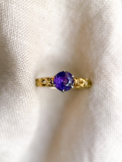 Vintage Amethyst Engagement Ring, Round Cut Solitaire, 14k Gold, Filigree Alternative Bridal Ring