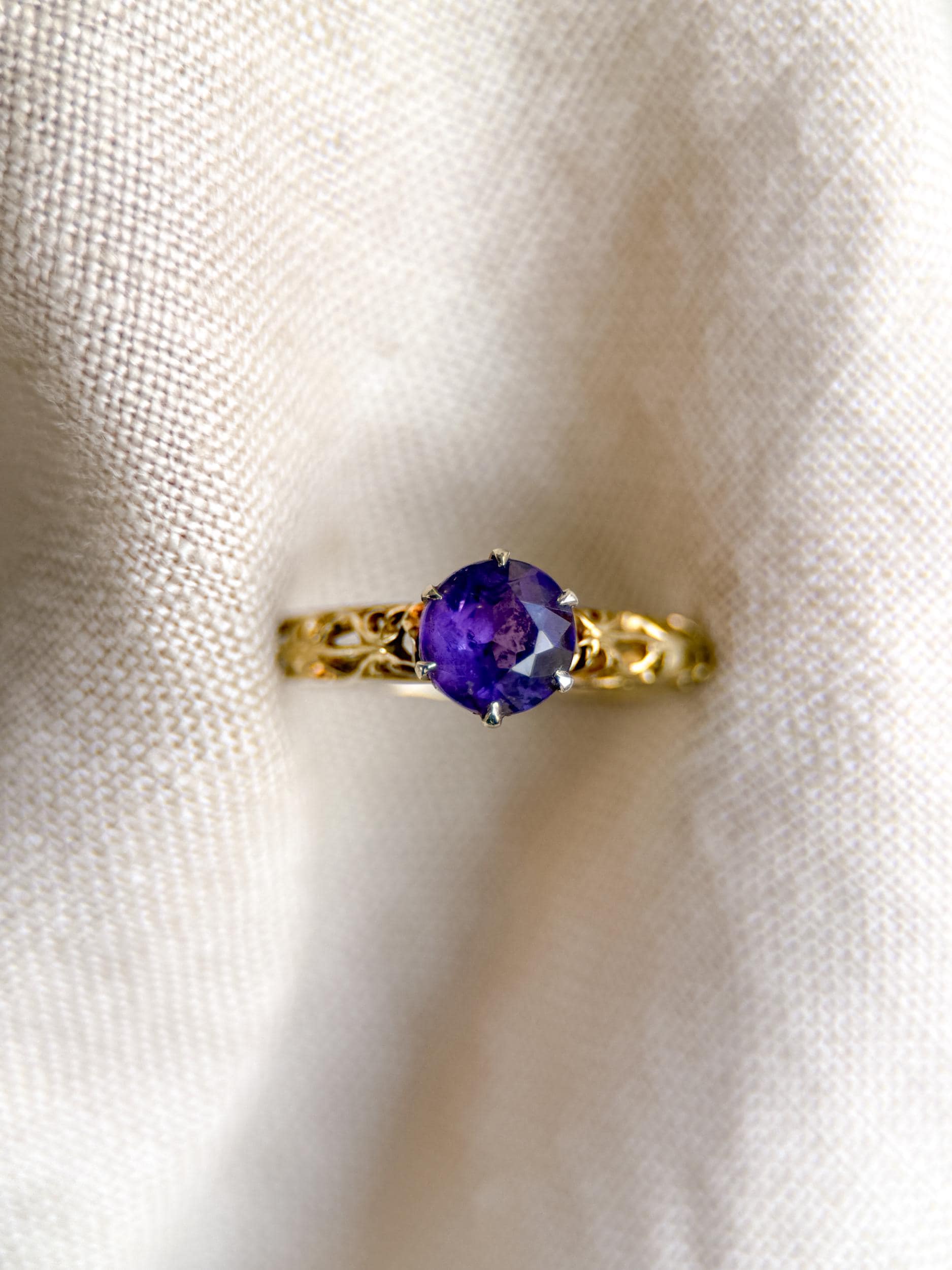 Vintage Amethyst Engagement Ring, Round Cut Solitaire, 14k Gold, Filigree Alternative Bridal Ring