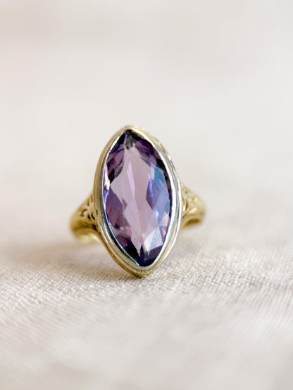 Vintage Amethyst Engagement Ring, Marquise Cut Solitaire, 14k Gold, Filigree Alternative Bridal Ring