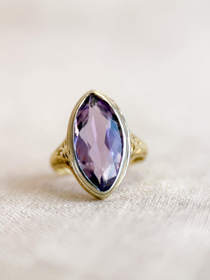 Vintage Amethyst Engagement Ring, Marquise Cut Solitaire, 14k Gold, Filigree Alternative Bridal Ring