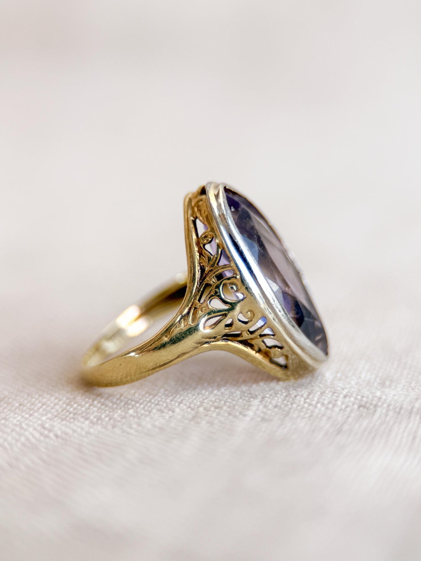 Vintage Amethyst Engagement Ring, Marquise Cut Solitaire, 14k Gold, Filigree Alternative Bridal Ring