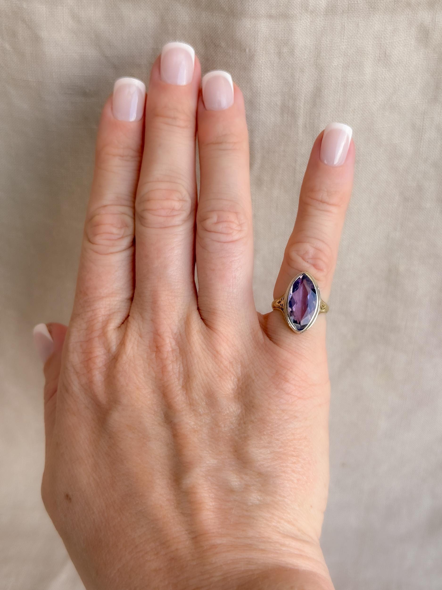 Vintage Amethyst Engagement Ring, Marquise Cut Solitaire, 14k Gold, Filigree Alternative Bridal Ring