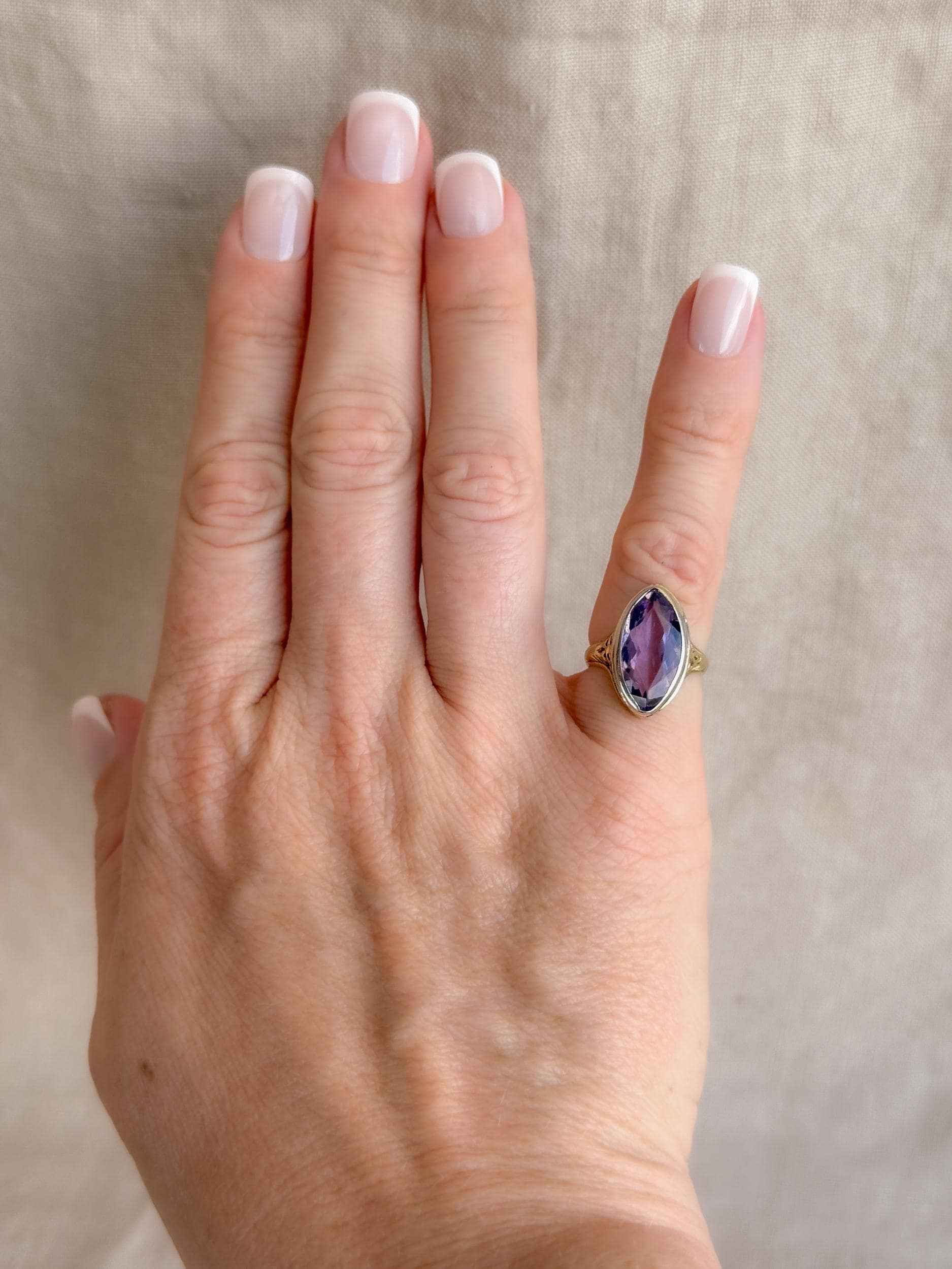 Vintage Amethyst Engagement Ring, Marquise Cut Solitaire, 14k Gold, Filigree Alternative Bridal Ring