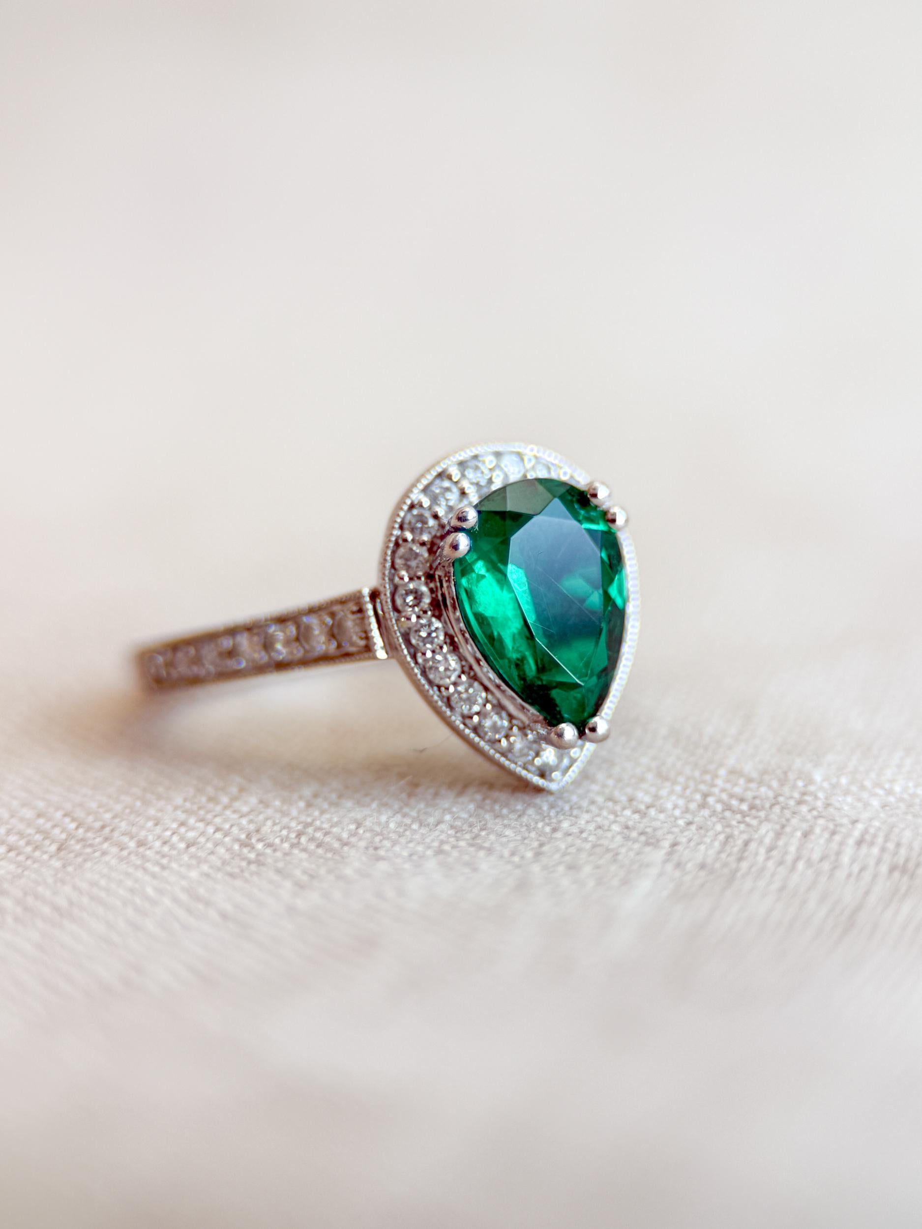 Vintage Emerald Engagement Ring, Pear Cut Halo 14k White Gold, Alternative Bridal Ring