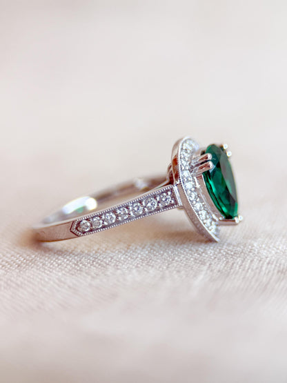 Vintage Emerald Engagement Ring, Pear Cut Halo 14k White Gold, Alternative Bridal Ring