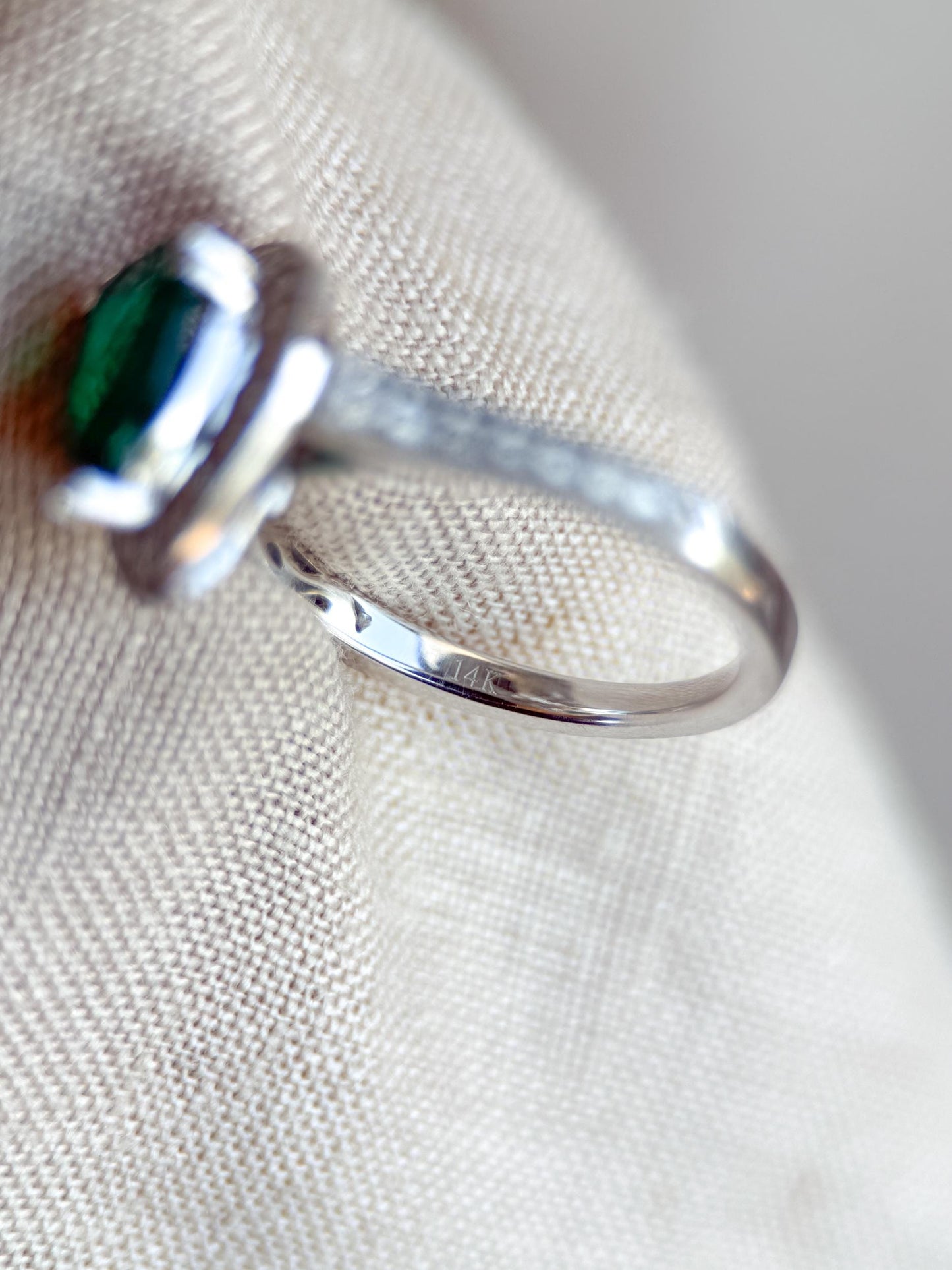 Vintage Emerald Engagement Ring, Pear Cut Halo 14k White Gold, Alternative Bridal Ring