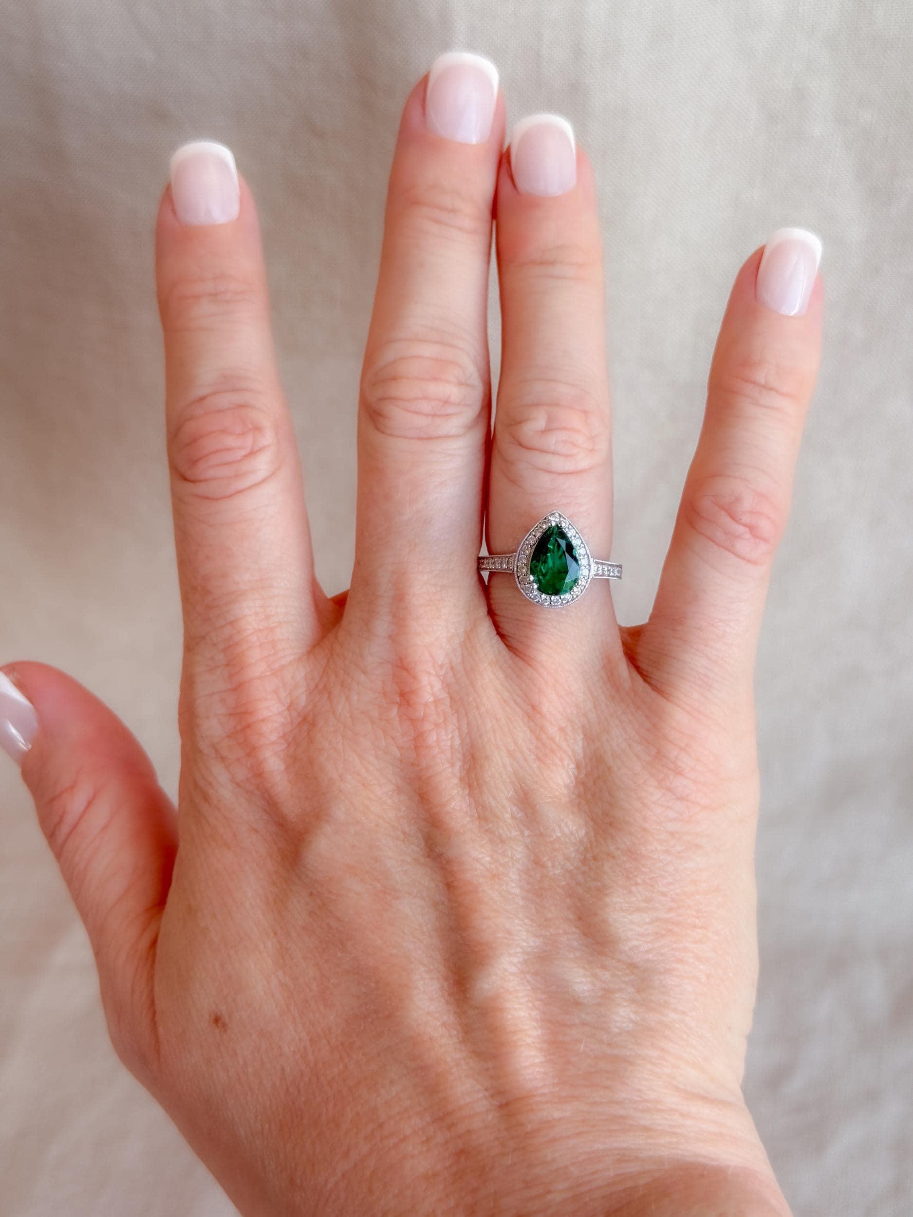 Vintage Emerald Engagement Ring, Pear Cut Halo 14k White Gold, Alternative Bridal Ring
